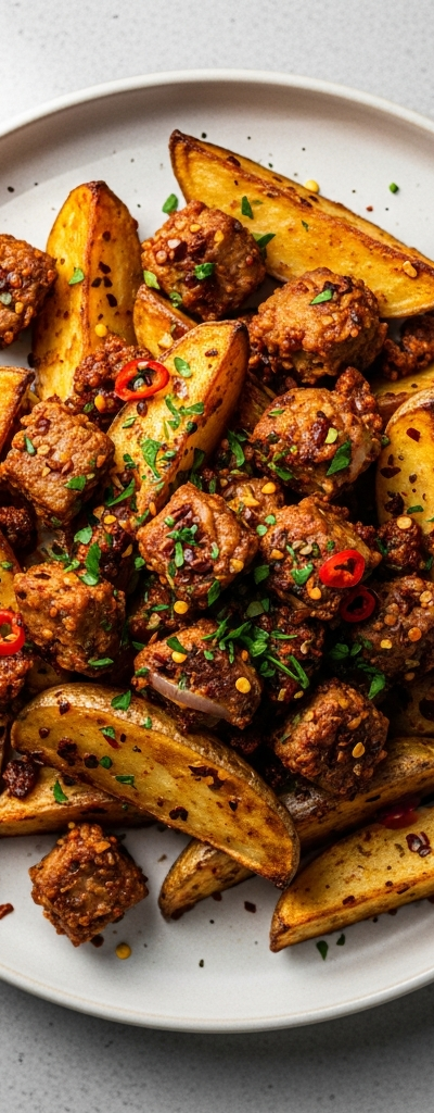 Spicy Seitan and Potato Wedges