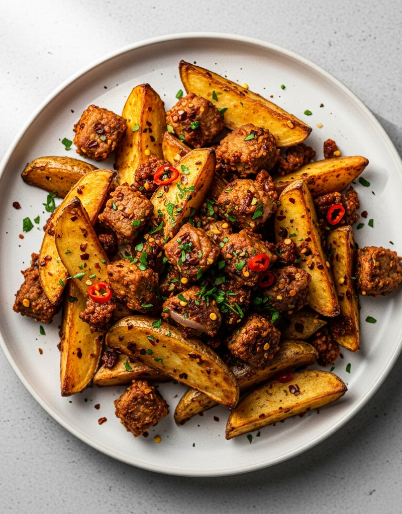 Spicy Seitan and Potato Wedges