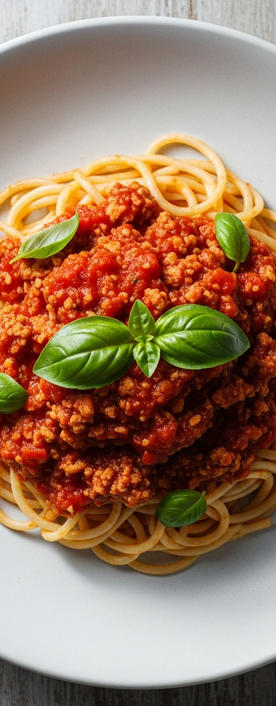Soy Mince Spaghetti in Tomato Basil Sauce