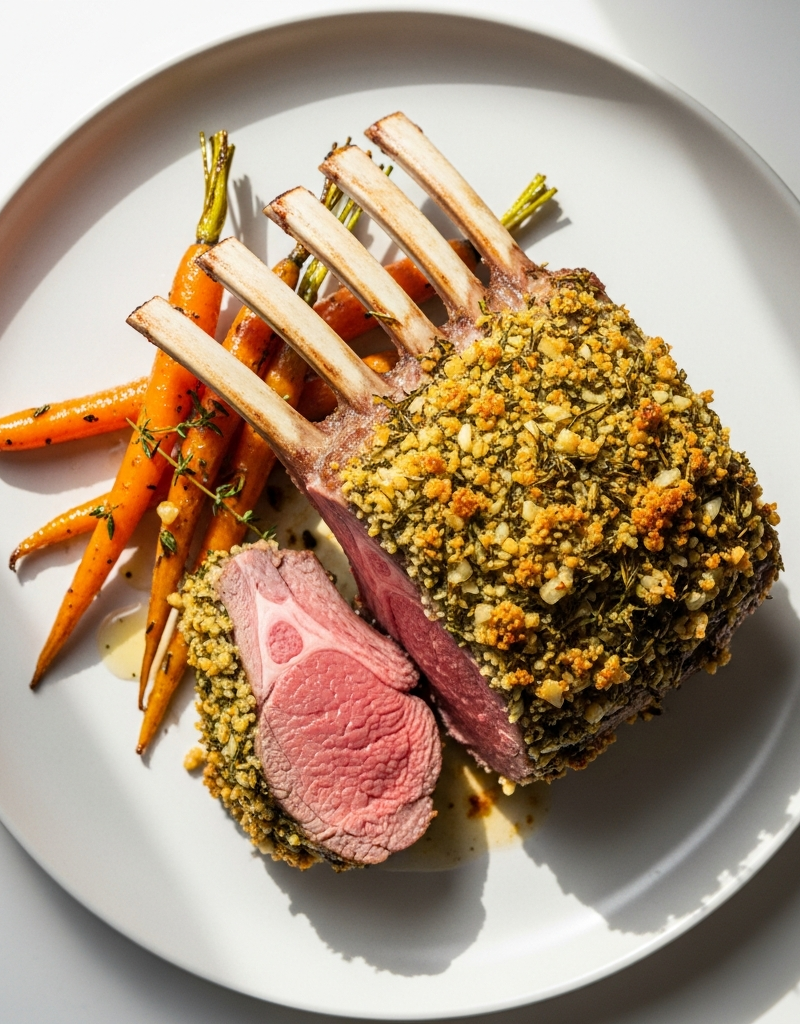 Herb-Crusted Rack of Lamb with Honey Glazed Carrots