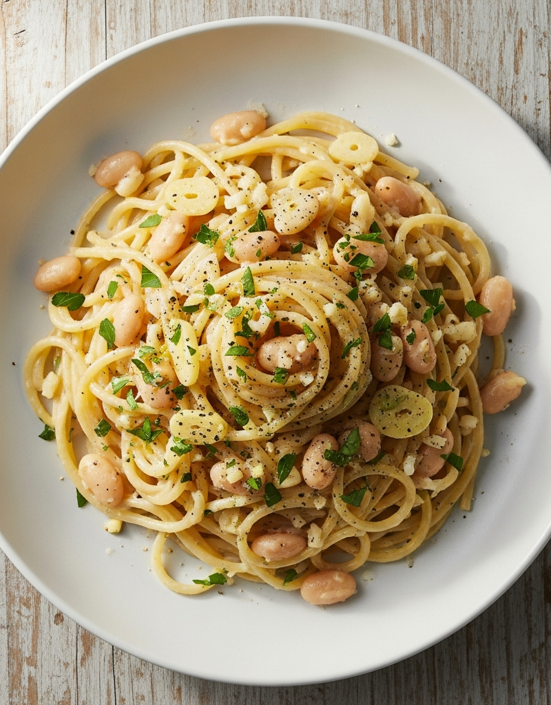 Spaghetti with Garlic and White Bean Sauce