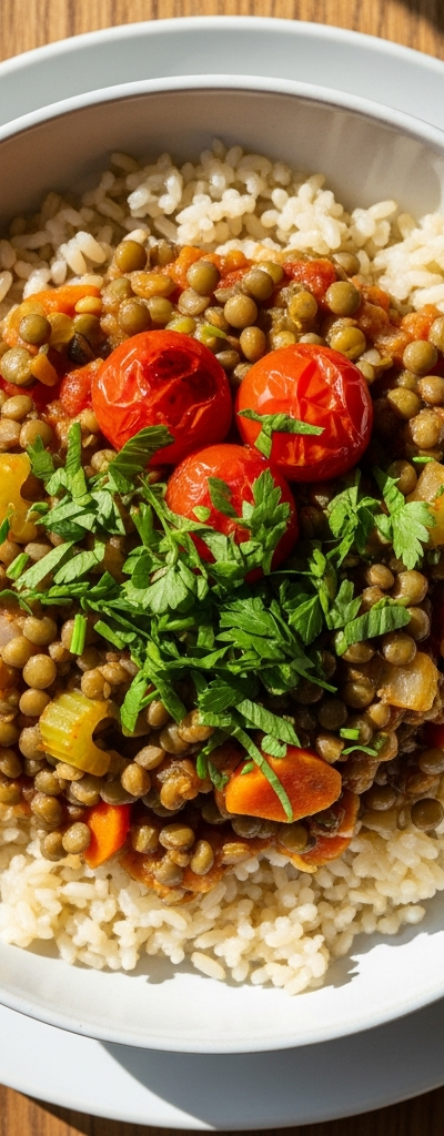 Green Lentil and Vegetable Rice Bowl