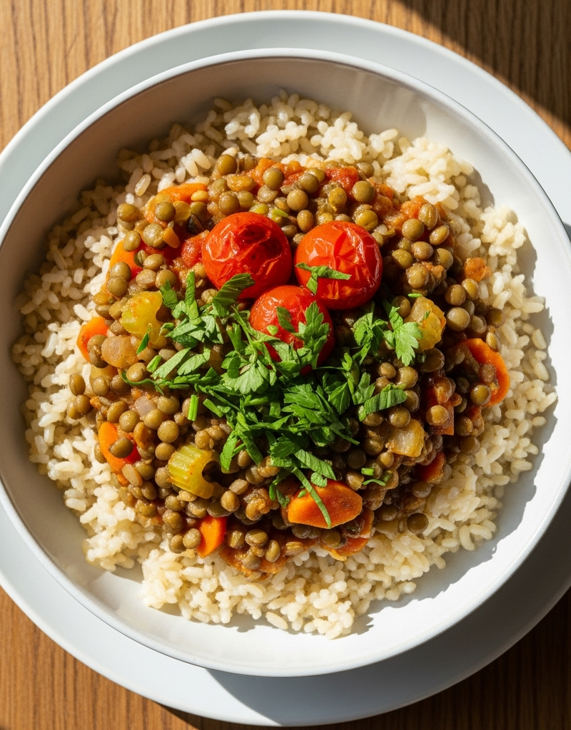 Green Lentil and Vegetable Rice Bowl