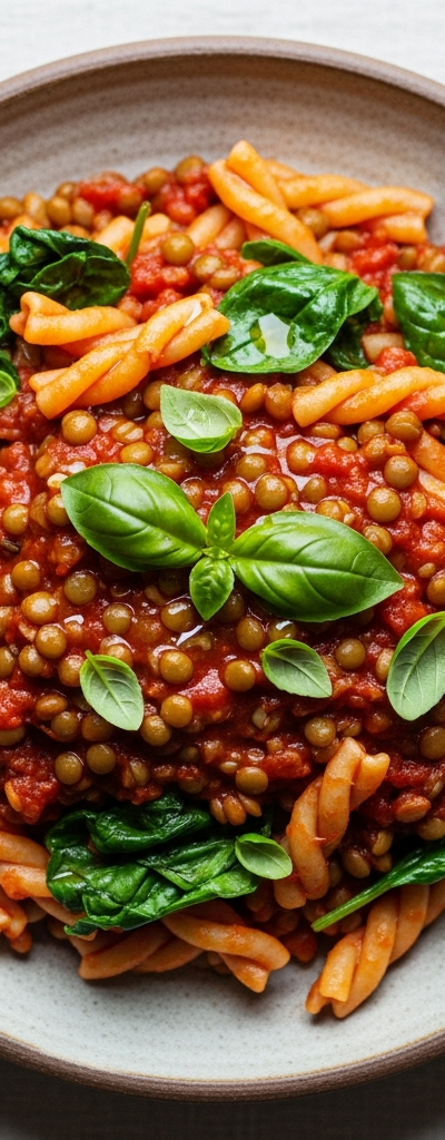 Lentil and Spinach Pasta with Tomato Basil Sauce