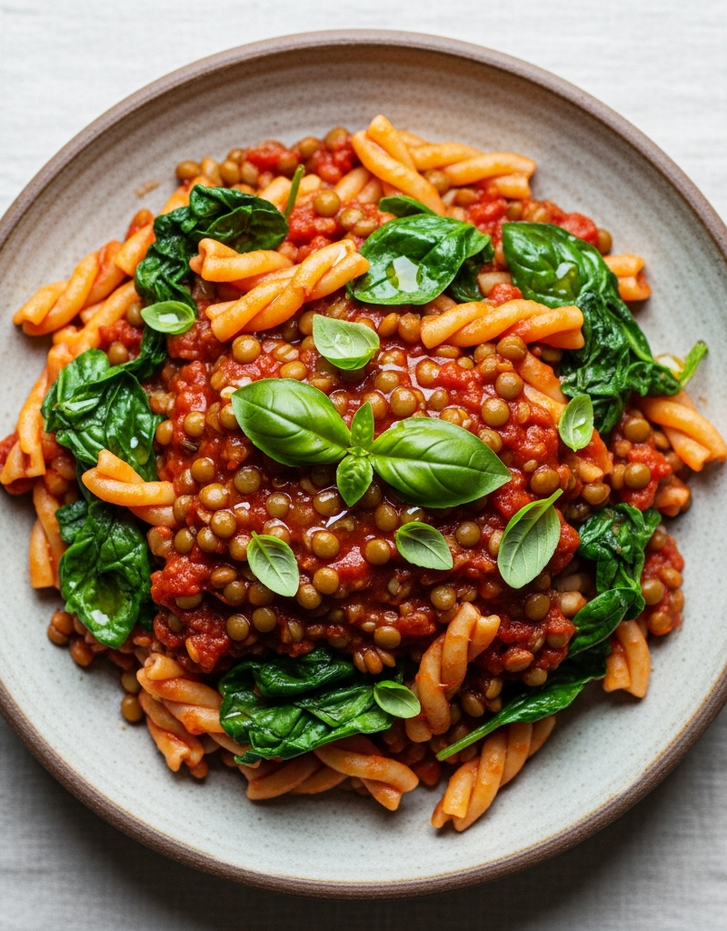 Lentil and Spinach Pasta with Tomato Basil Sauce
