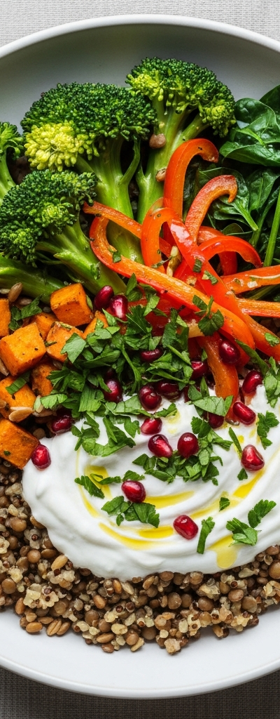 Lentil Grain Bowl with Veggies and Yogurt Sauce