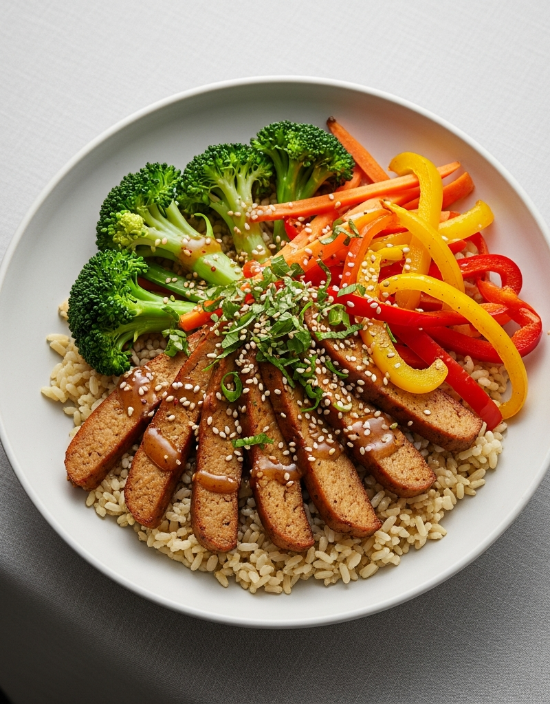 Quick Seitan Bowl with Rice and Veggies