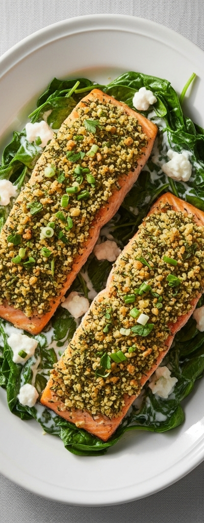 Herb-Crusted Salmon with Creamy Spinach and Goat Cheese