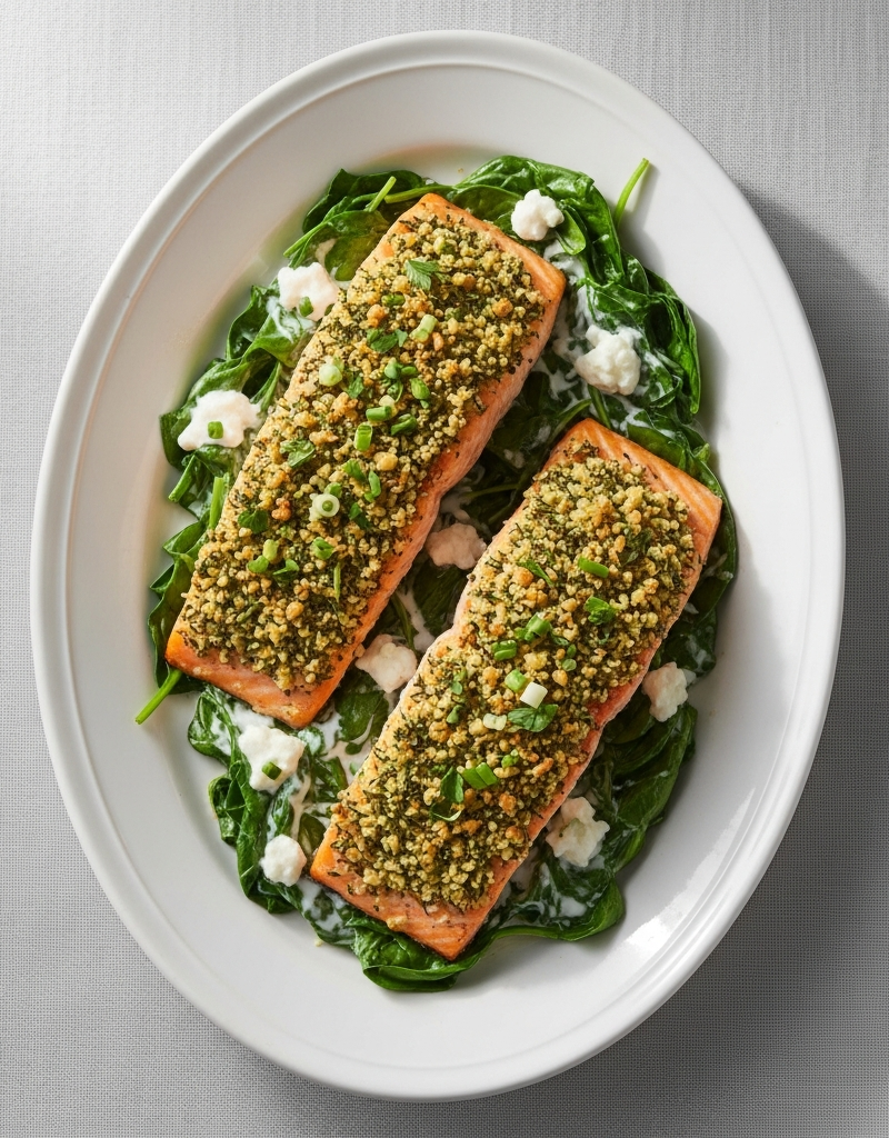 Herb-Crusted Salmon with Creamy Spinach and Goat Cheese