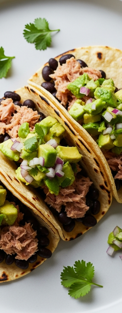Tuna and Black Bean Tacos with Avocado Salsa