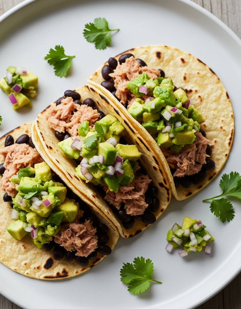 Tuna and Black Bean Tacos with Avocado Salsa