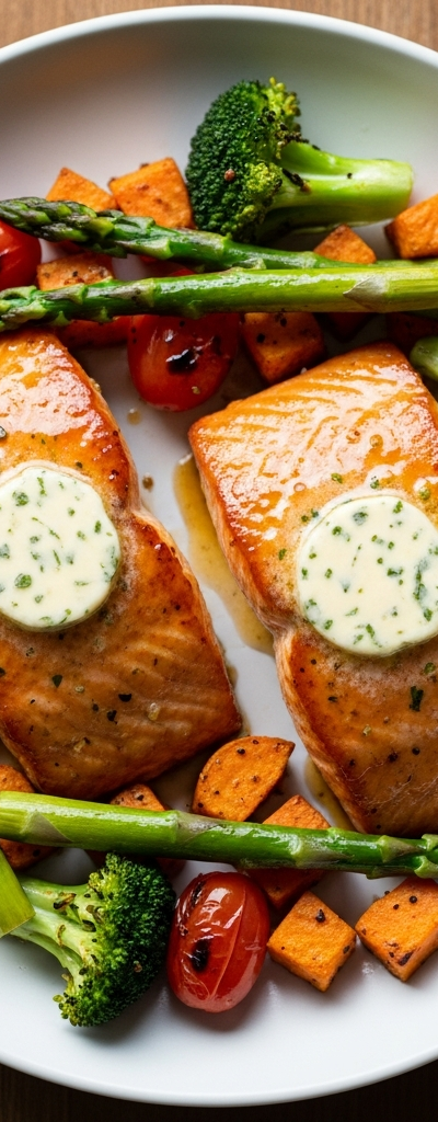 Honey-Glazed Salmon with Herbed Butter and Roasted Vegetables