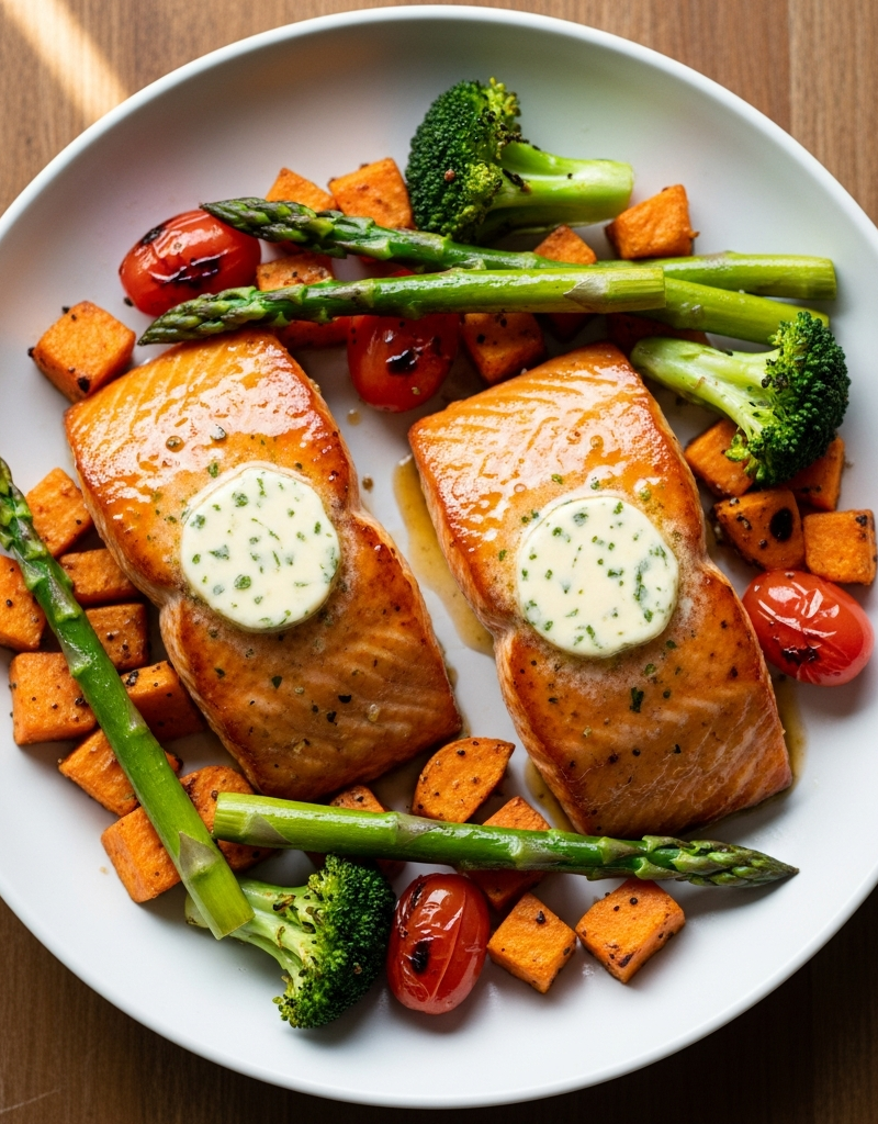 Honey-Glazed Salmon with Herbed Butter and Roasted Vegetables