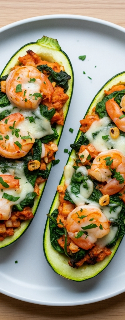 Stuffed Zucchini Boats with Shrimp and Spinach