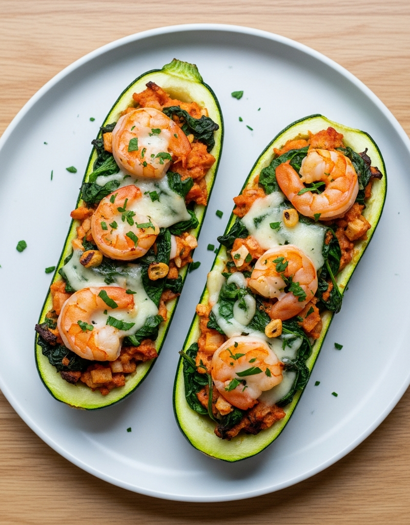 Stuffed Zucchini Boats with Shrimp and Spinach