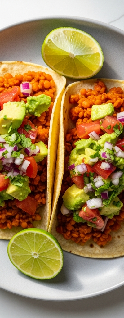 Red Lentil Tacos with Avocado and Tomato Salsa