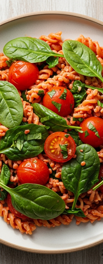 Red Lentil Pasta with Spinach and Cherry Tomatoes