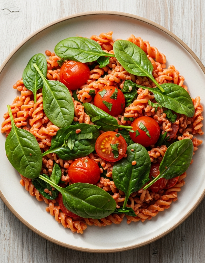 Red Lentil Pasta with Spinach and Cherry Tomatoes
