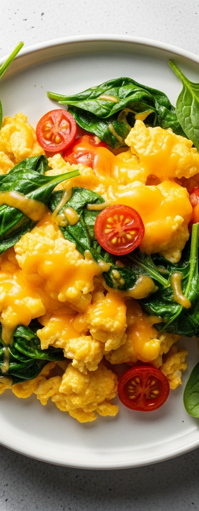 Cheesy Scrambled Eggs with Spinach and Tomatoes