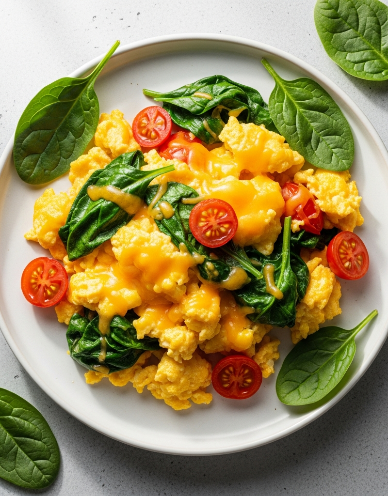 Cheesy Scrambled Eggs with Spinach and Tomatoes