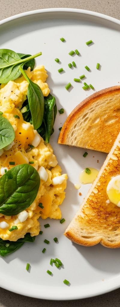 Cheesy Scrambled Eggs with Spinach and Toast