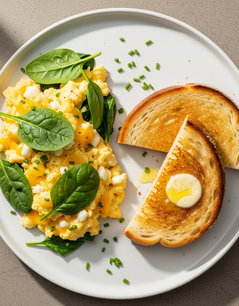 Cheesy Scrambled Eggs with Spinach and Toast