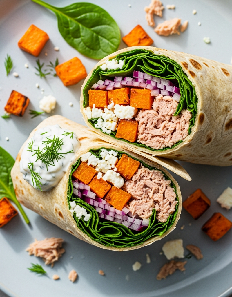 Mediterranean Sweet Potato & Tuna Wraps