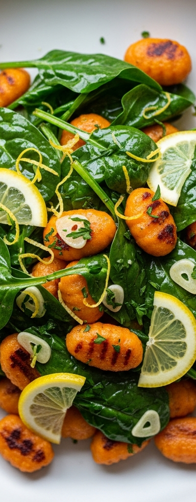 Sweet Potato Gnocchi with Lemon Garlic Spinach