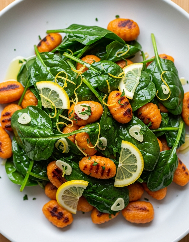 Sweet Potato Gnocchi with Lemon Garlic Spinach