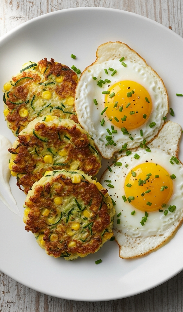 Zucchini and Corn Fritters with Eggs