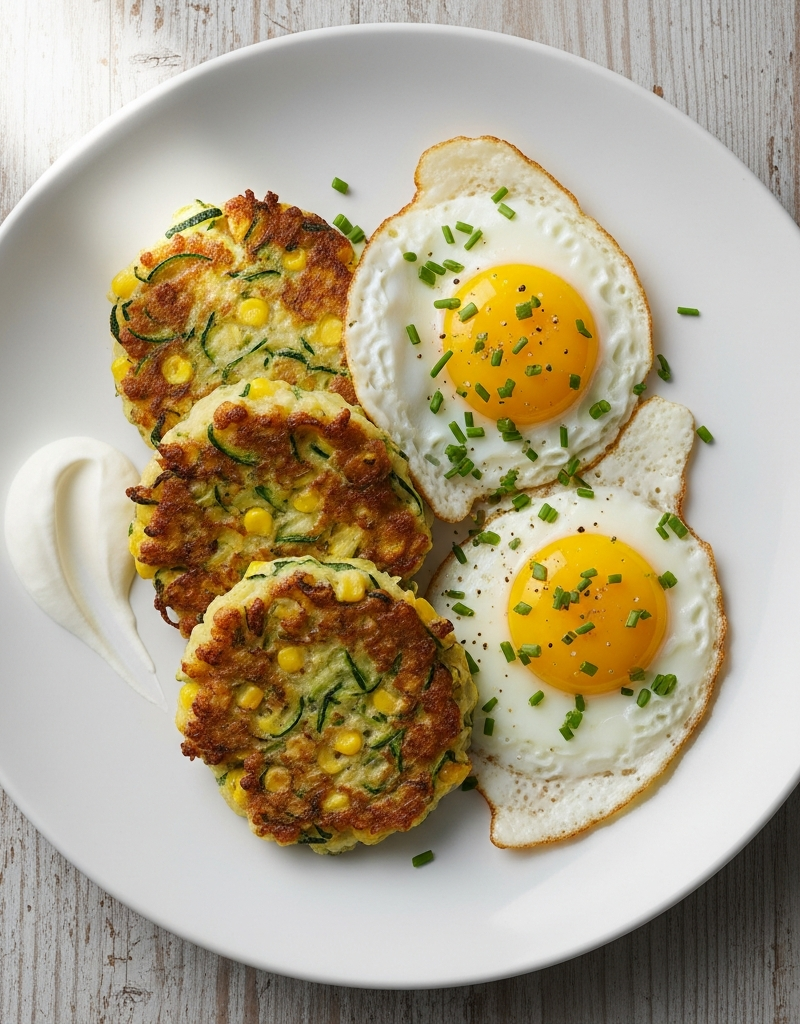 Zucchini and Corn Fritters with Eggs