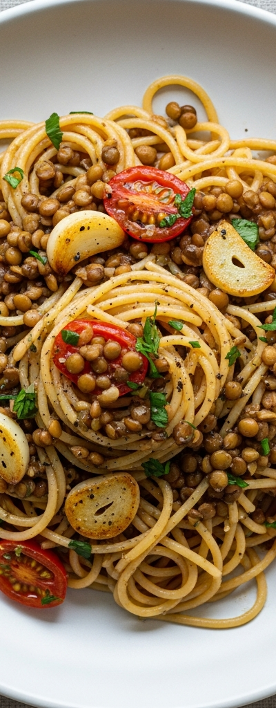 Garlic Lentil Spaghetti