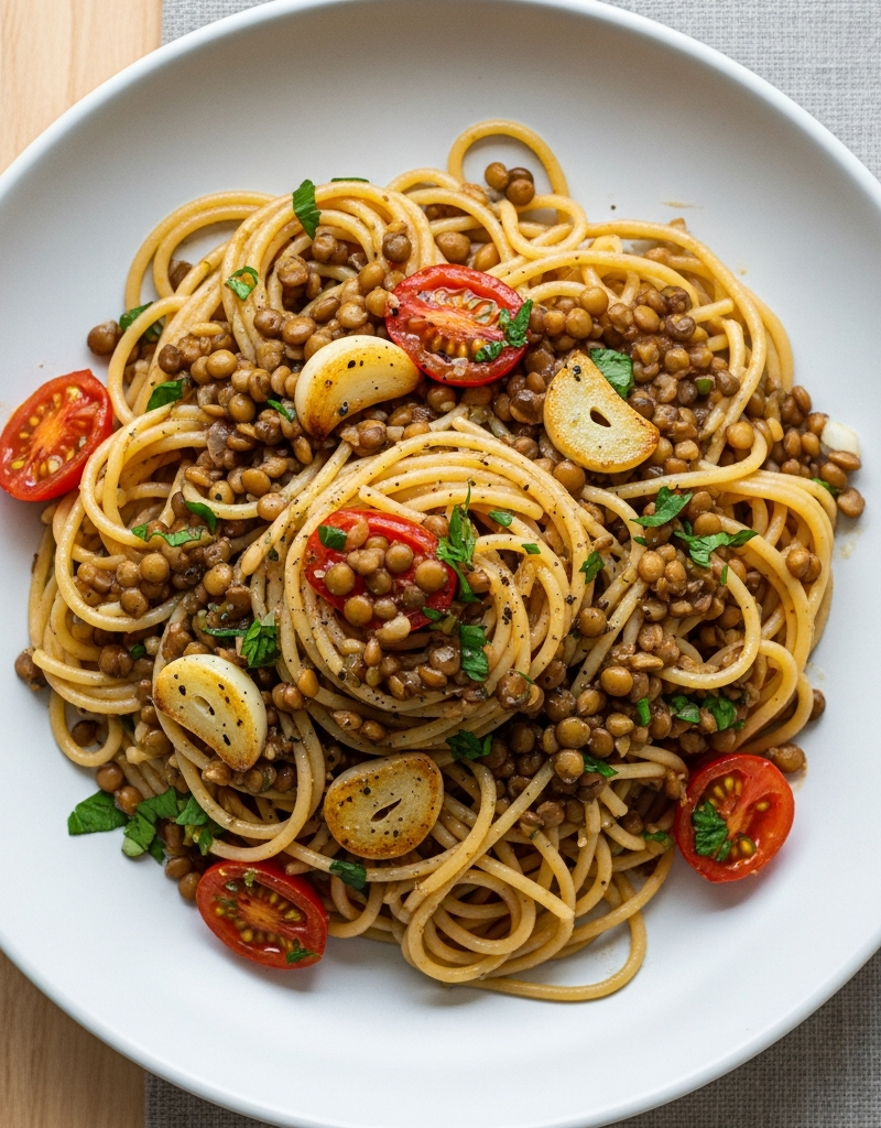 Garlic Lentil Spaghetti