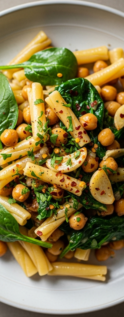 Garlic Chickpea and Spinach Pasta