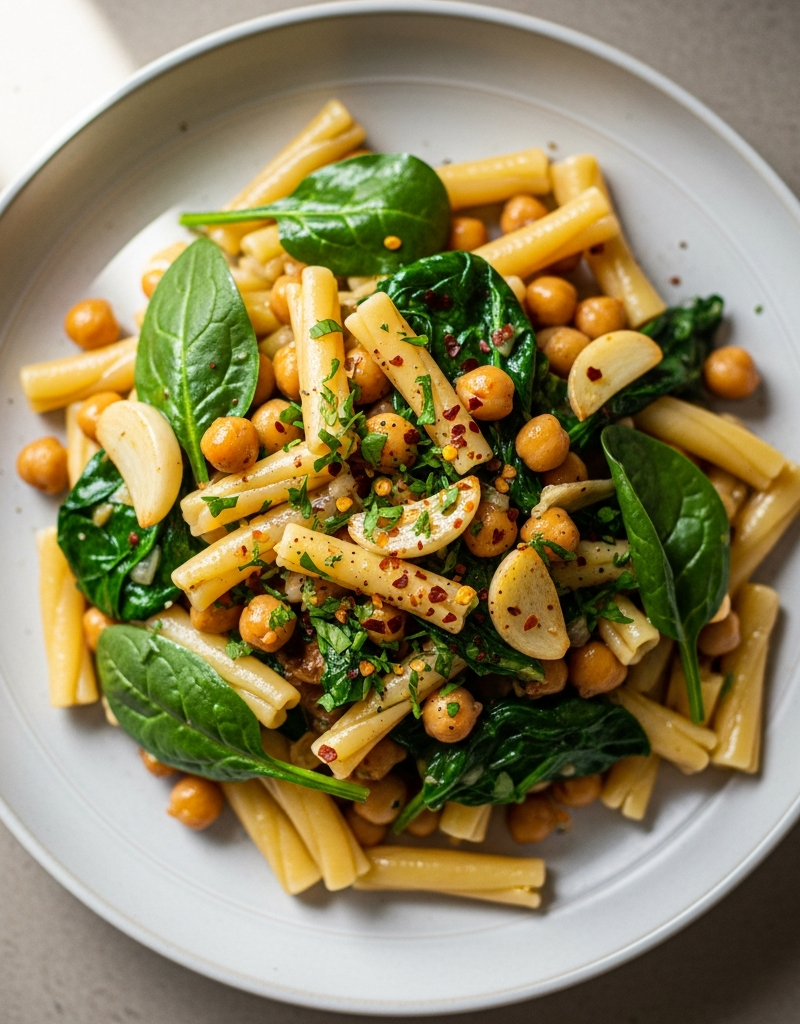 Garlic Chickpea and Spinach Pasta