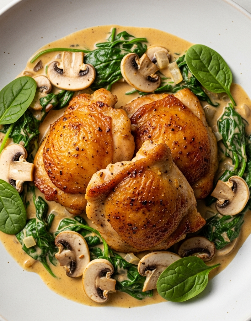 Keto Chicken Thighs with Creamy Spinach Mushroom Sauce