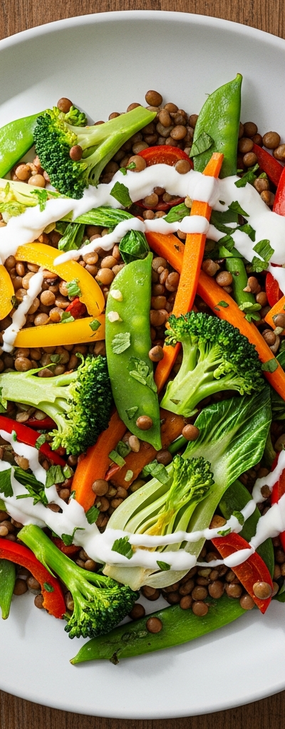 Vegetarian Lentil and Vegetable Stir-Fry with Yogurt Dressing