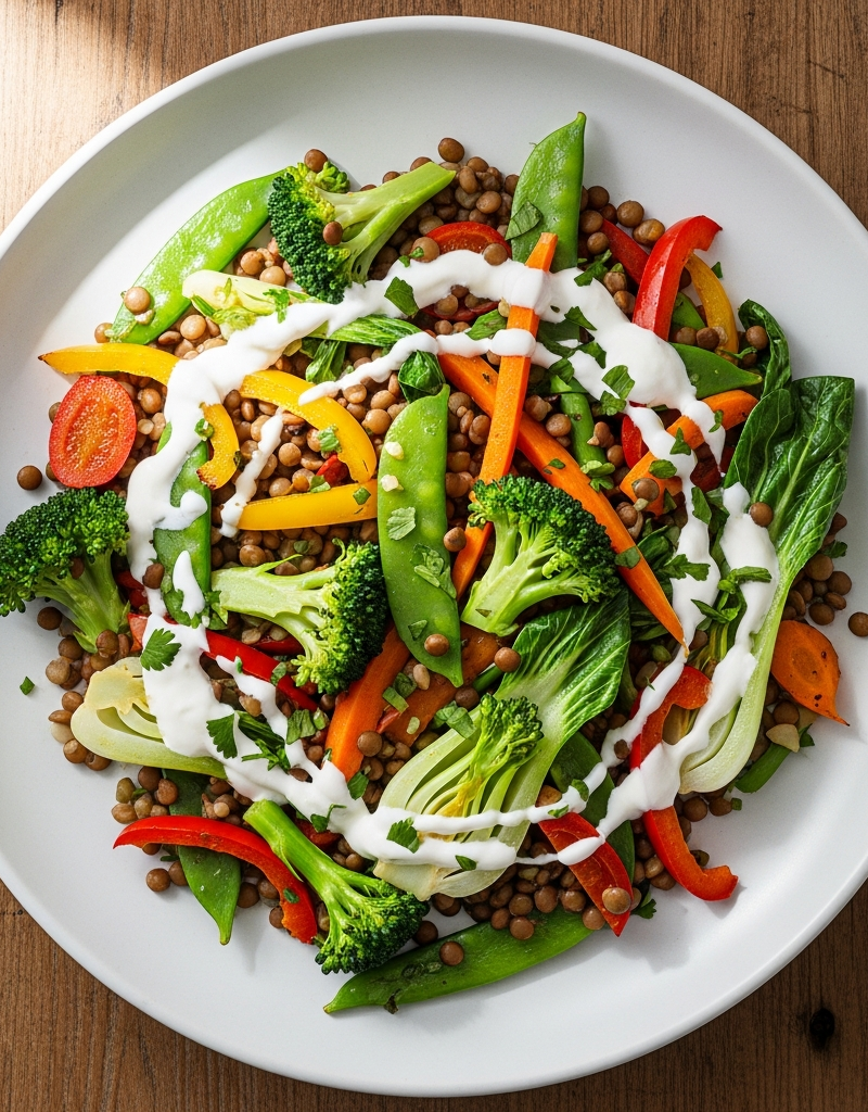 Vegetarian Lentil and Vegetable Stir-Fry with Yogurt Dressing