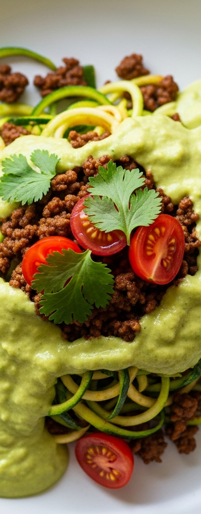 Beef Zucchini Noodles with Creamy Avocado Sauce