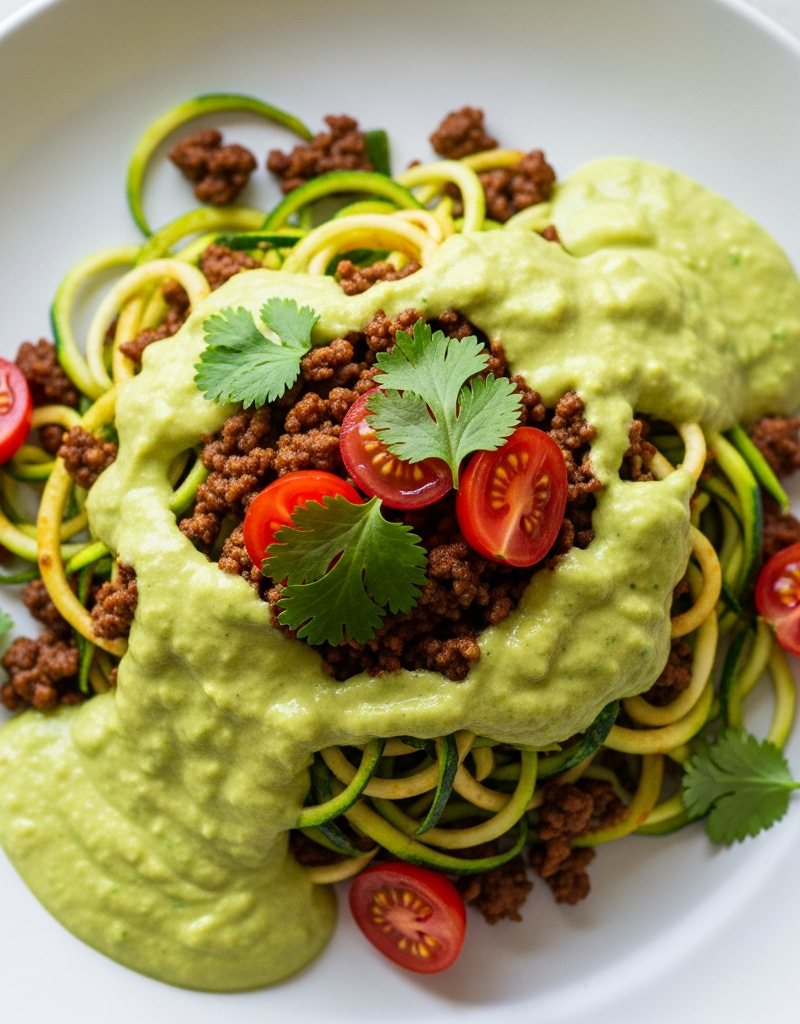 Beef Zucchini Noodles with Creamy Avocado Sauce
