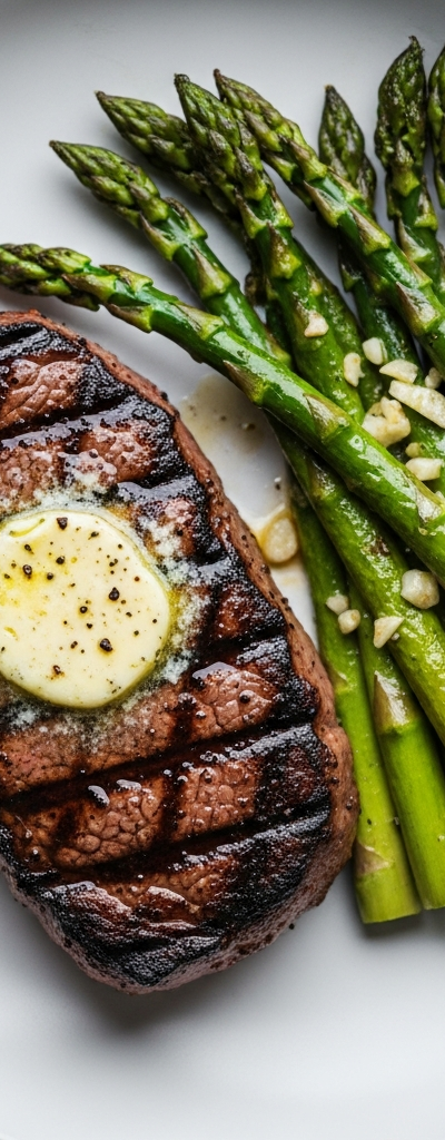 Grilled Steak with Garlic Butter and Asparagus