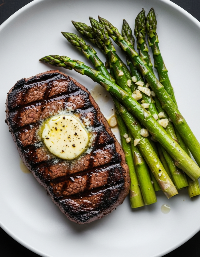 Grilled Steak with Garlic Butter and Asparagus