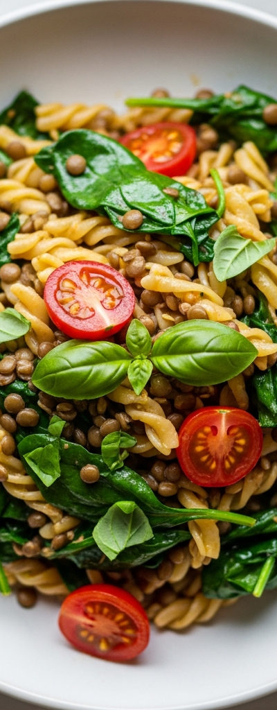Lentil Pasta with Spinach and Cherry Tomatoes