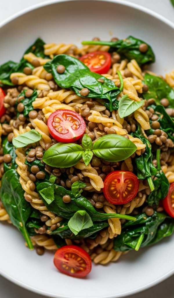 Pasta with lentils, spinach and cherry tomatoes