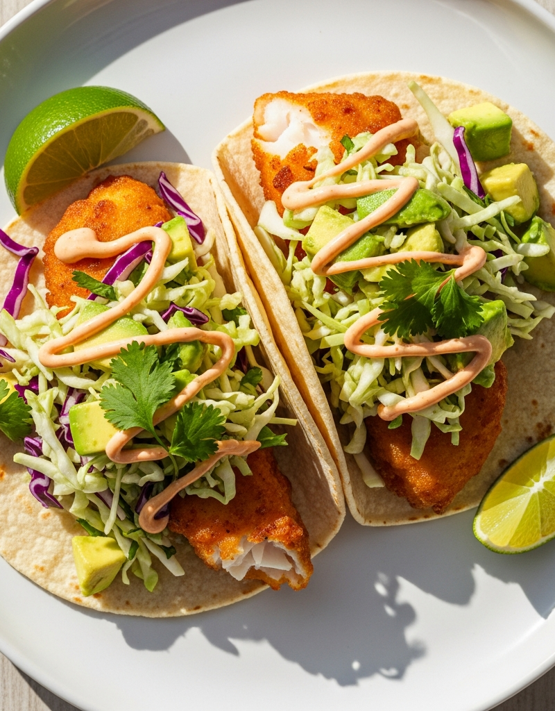 Spicy Fish Tacos with Avocado Slaw