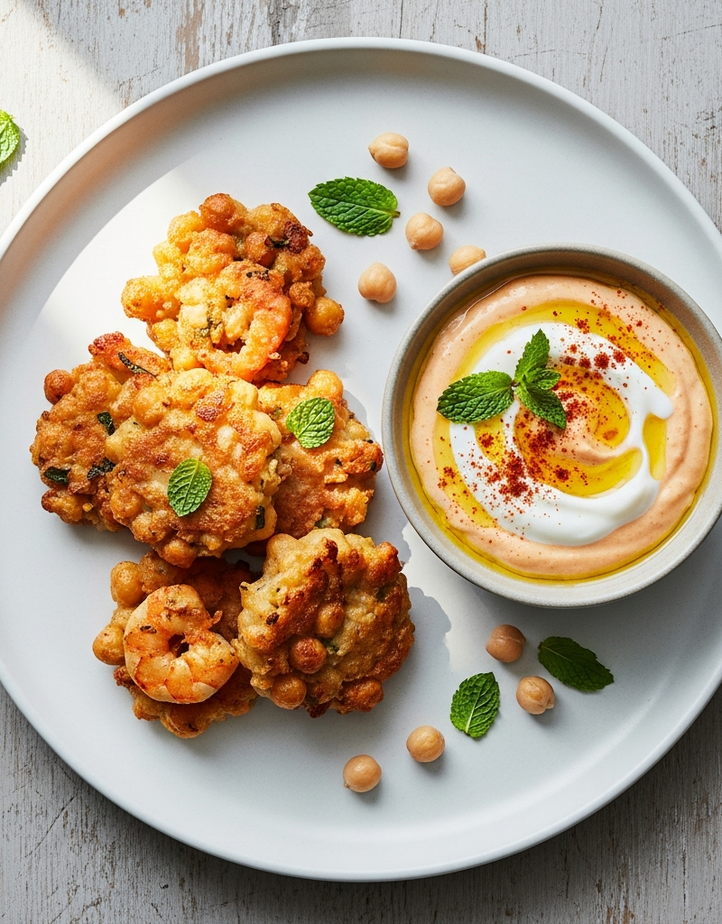 Shrimp and Chickpea Fritters with Spicy Yogurt Dip