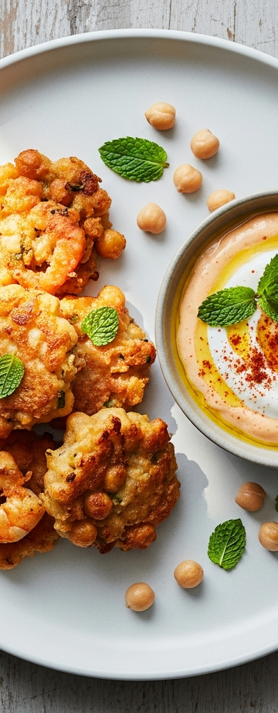 Shrimp and Chickpea Fritters with Spicy Yogurt Dip