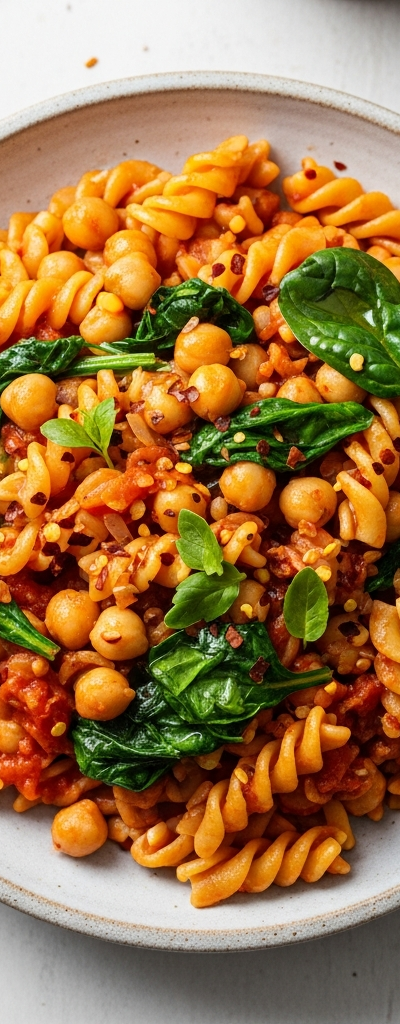 Spicy Chickpea and Spinach Pasta