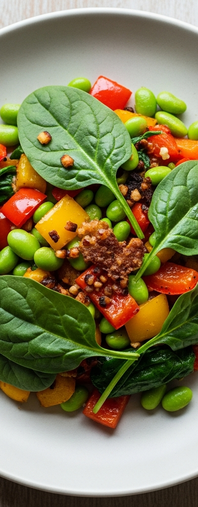 Edamame Skillet Hash with Bell Peppers and Spinach