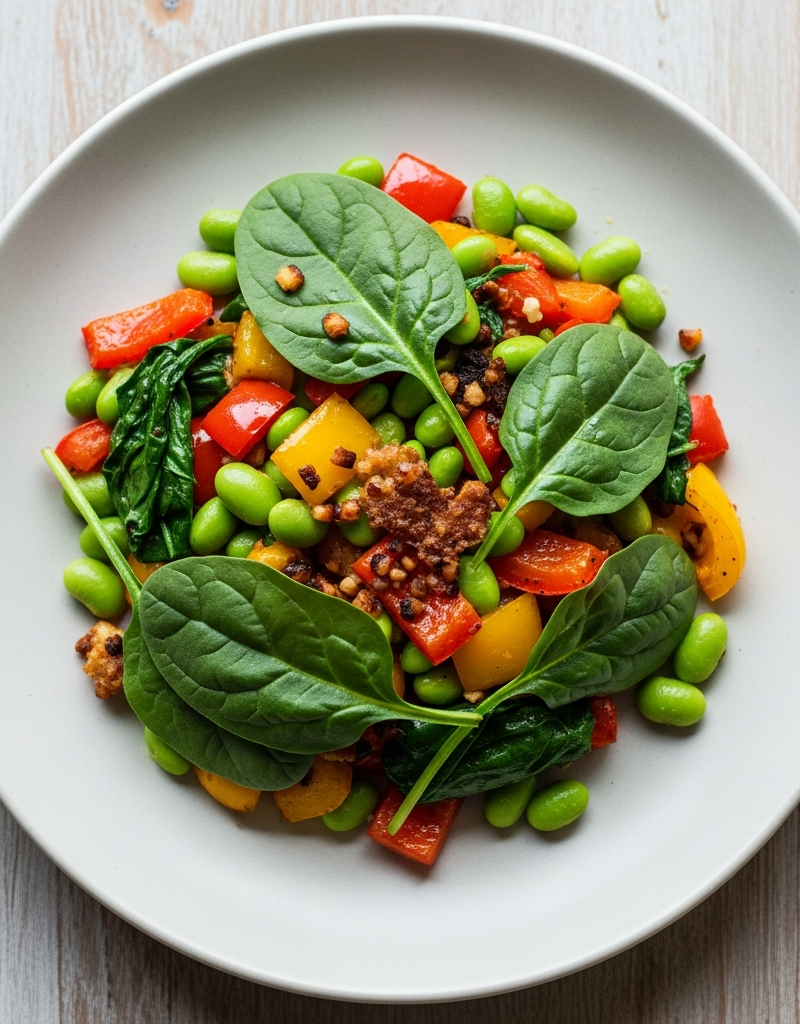 Edamame Skillet Hash with Bell Peppers and Spinach